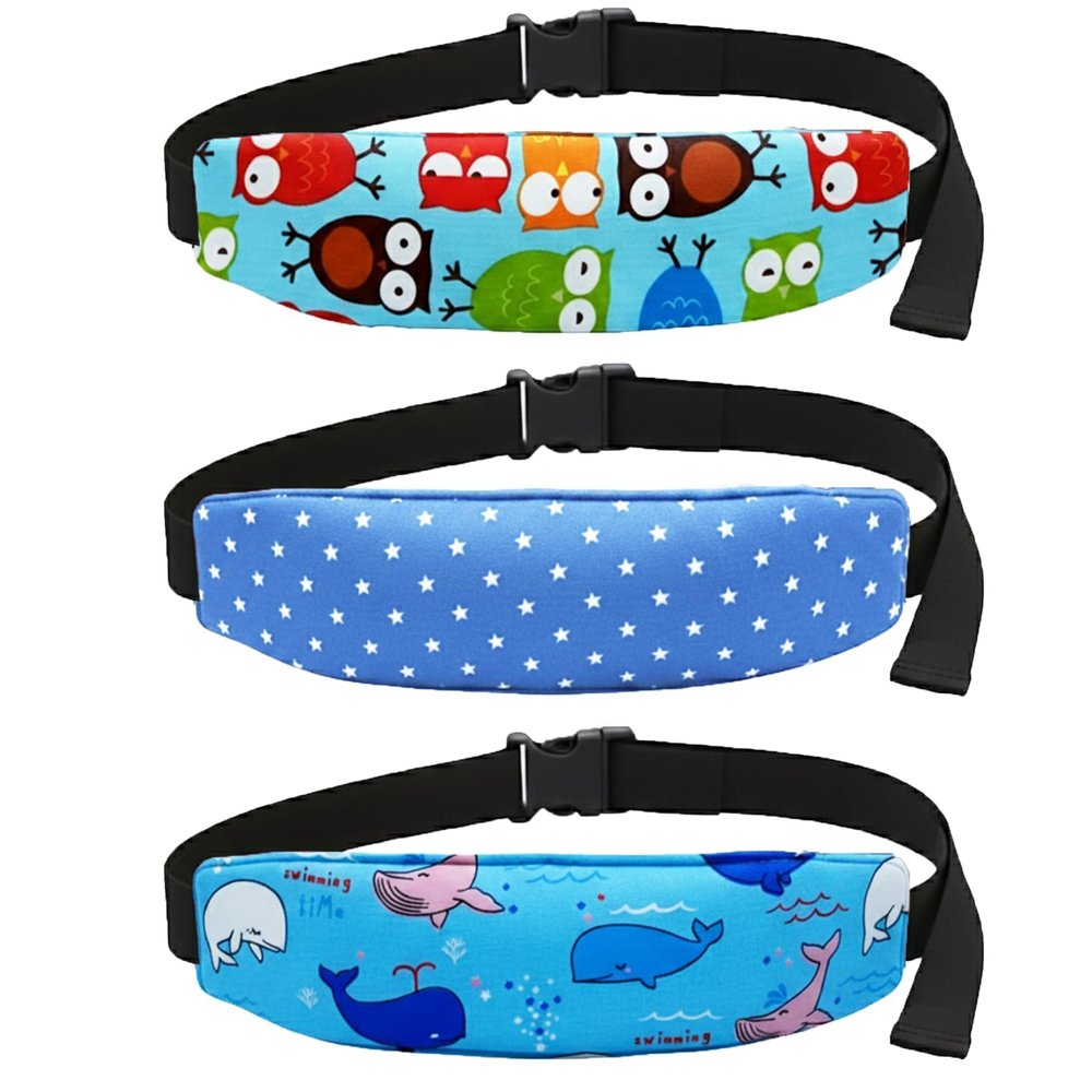3 Pcs Baby Carseat Head Support,Car Seat Straps Pillow Support Ban,Stroller Neck Relief Strap Headrest,Slumber Sling Sleep Positioner for Toddler Infants Child Children Kids (Dots, Owls, Whales)