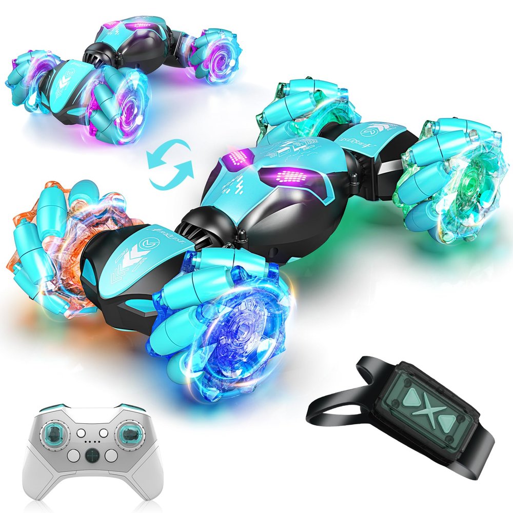 AEROQUEST Gesture Sensing RC Stunt Car, 4WD Hand-Controlled 2.4GHz Remote Control Drift Cars for Boys Girls Age 6-8-12, All-Terrain Off-Road Twist Toy Cars with Lights Music for Birthday Gifts (Blue)