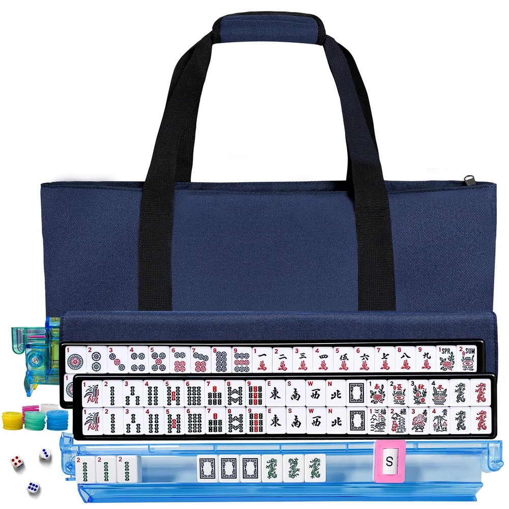 American Mahjong Tile Set, American Mahjong Set Complete with Bag, 166 White Tiles with Bag and Accessories, 4 All-in-One Mahjong Racks with Pushers, Travel Vita Mahjong Tile Game Set