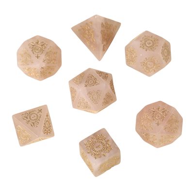 7pcs Polyhedral Dice Set Vintage Dragon Engraved Gemstone Style Dice for DND, Dungeons & Dragons, RPG Tabletop Games (Natural Rose Quartz)