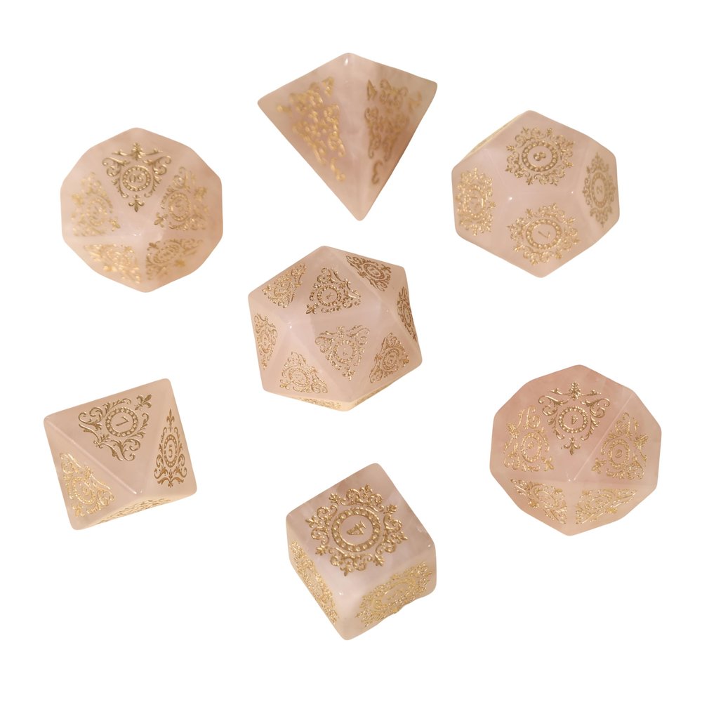 7pcs Polyhedral Dice Set  Vintage Dragon Engraved Gemstone Style Dice for DND, Dungeons & Dragons, RPG Tabletop Games (Natural Rose Quartz)