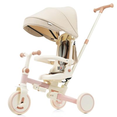 7 in 1 Baby Tricycle, Foldable Toddler Tricycle with Removable and Adjustable Parent Handle, Toddler Push Bike with Removable Pedal, Canopy, and Guardrail, Tricycle for 12-72 Months (Pink)