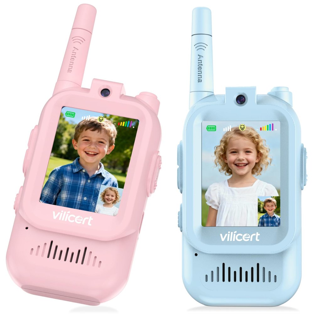 vilicert Video Walkie Talkie Toys for Age 3-12 Boys Girls, 2 Pack Walkie Talkies with Screen, Long Range 2 Way Radio with 4 Voice Effects, Christmas Birthday Gifts for Kids Indoor Outdoor Camping