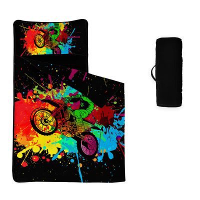 Axolotl Motocross Nap Mat with Pillow and Blanket, Colorful Motor Vehicles Biker Rolled Portable Sleeping Mat, Dirt Bike Sleeping Bag for Teens, Extreme Sports Slumber Bag for Traveling, 60" L*21" W