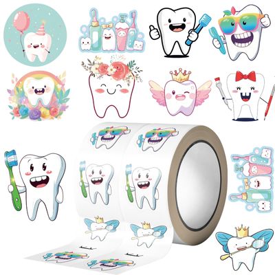 1000PCS Tooth Stickers Roll, 2 Rolls 10 Styles Cartoon Teeth Fairy Sticker, Dental Reward Stickers for Dentist, Classroom, Scrapbooking, Party Favors, DIY Crafts