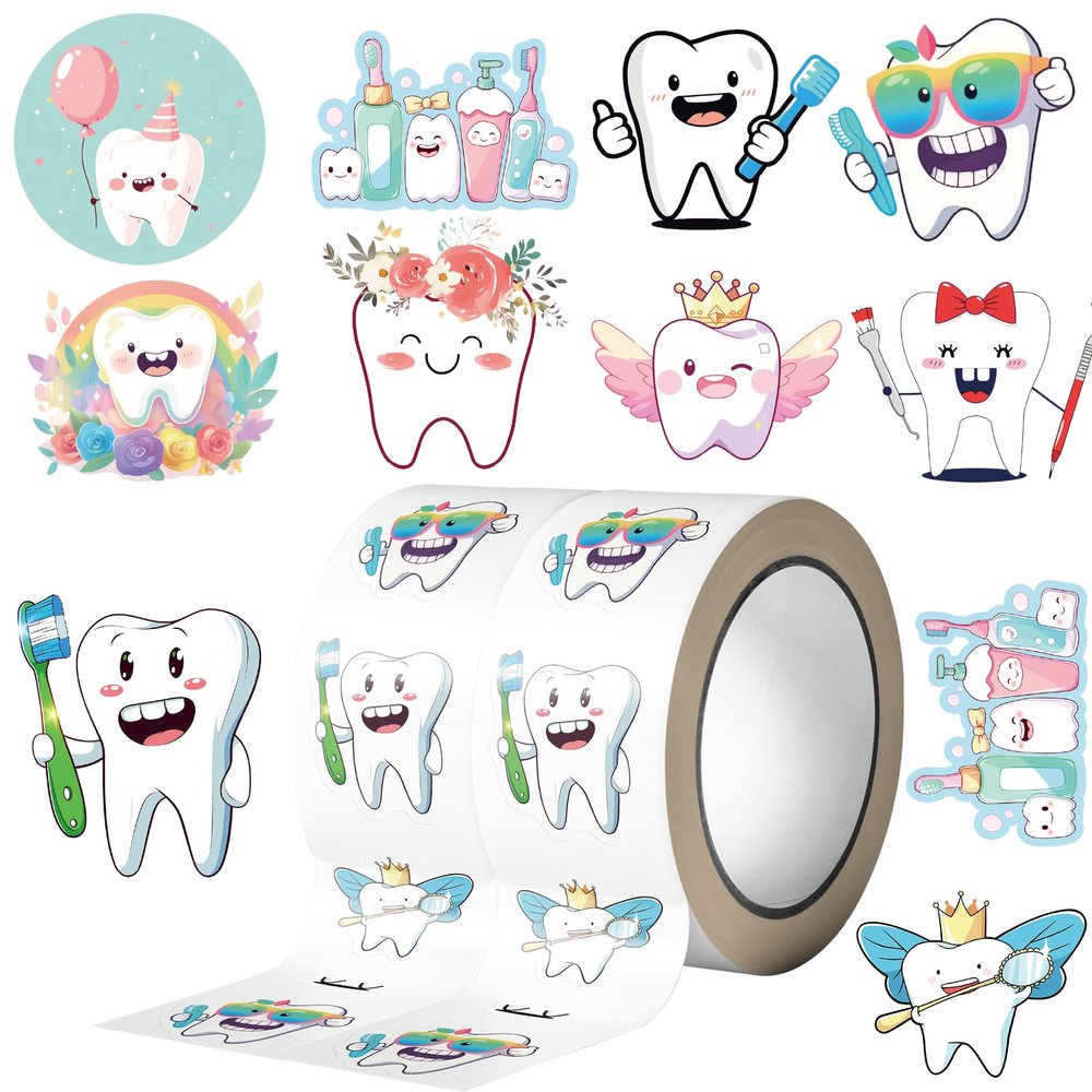 1000PCS Tooth Stickers Roll, 2 Rolls 10 Styles Cartoon Teeth Fairy Sticker, Dental Reward Stickers for Dentist, Classroom, Scrapbooking, Party Favors, DIY Crafts
