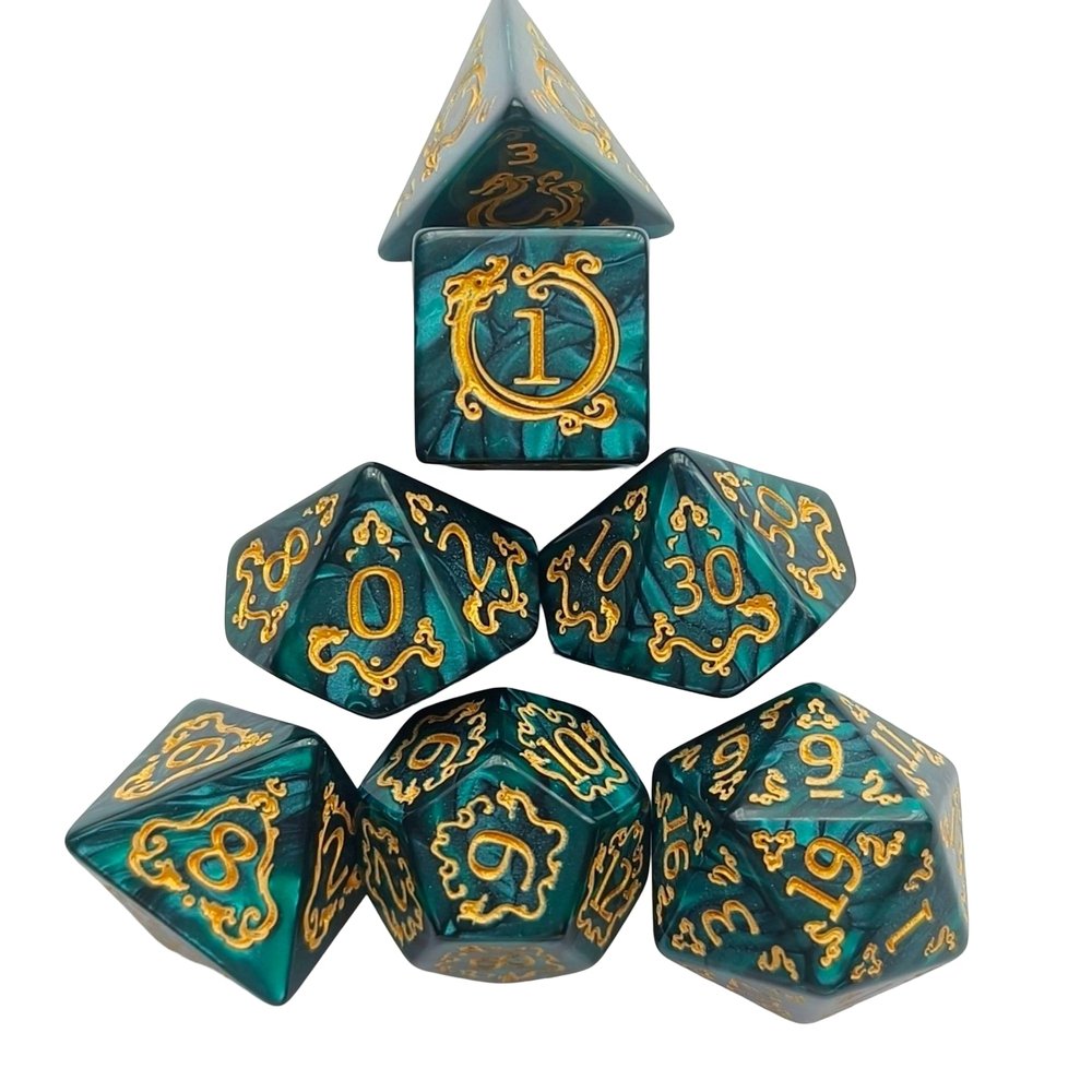 7pcs Polyhedral Dice Set  Vintage Dragon Engraved Gemstone Style Dice for DND, Dungeons & Dragons, RPG Tabletop Games (Pearl Green Finish)