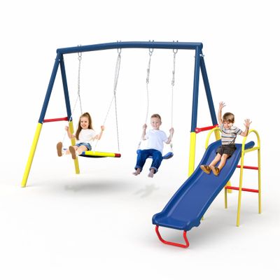 3 in 1 Swing Sets for Backyard with Slide, Heavy-Duty Metal Kids Playset with 32" Saucer Swing and Belt Swing, Outdoor Playground Set for Kids, ASTM & CPSC Certified, (Blue)