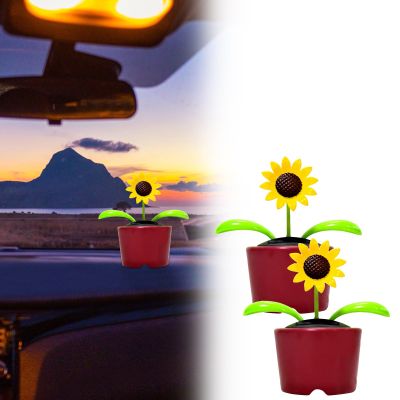 Swinging Flower Ornament, Solar Powered Figurines, Dancing Dashboard Decor with Weather-Resistant Design, Sunflower Figurines for Office Home Desk Windowsill, Funny Car Accessories (Yellow_2PCS)