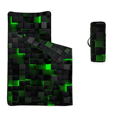 Axolotl Geometric Nap Mat with Pillow and Blanket, Green Black Geometry Rolled Napping Mat, Neon Light Honeycomb Sleeping Bag for Teens, 3D Abstract Grid Slumber Bag for Travel Camping, 60" L*21" W