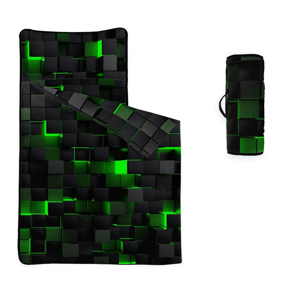 Axolotl Geometric Nap Mat with Pillow and Blanket, Green Black Geometry Rolled Napping Mat, Neon Light Honeycomb Sleeping Bag for Teens, 3D Abstract Grid Slumber Bag for Travel Camping, 60" L*21" W
