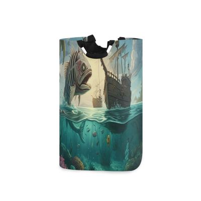 Jihqo Laundry Hamper Basket Piranhas and Pirate Ships Collapsible Nursery Storage Bin Waterproof Clothing Baskets for Home Bedroom Bathroom Washing Room