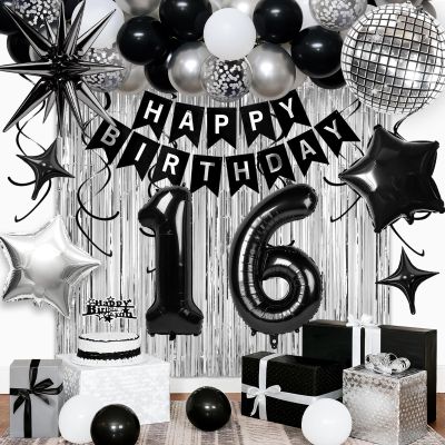 16th Birthday Decorations for Boys Girls, Black Silver Happy Birthday Party Decorations 16 Year Old Party Supplies with Number 16 Balloons, Banner, Fringe Curtains Kit