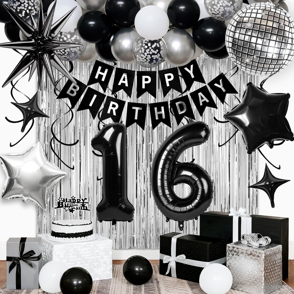 16th Birthday Decorations for Boys Girls, Black Silver Happy Birthday Party Decorations 16 Year Old Party Supplies with Number 16 Balloons, Banner, Fringe Curtains Kit