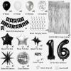 16th Birthday Decorations for Boys Girls, Black Silver Happy Birthday Party Decorations 16 Year Old Party Supplies with Number 16 Balloons, Banner, Fringe Curtains Kit view 2
