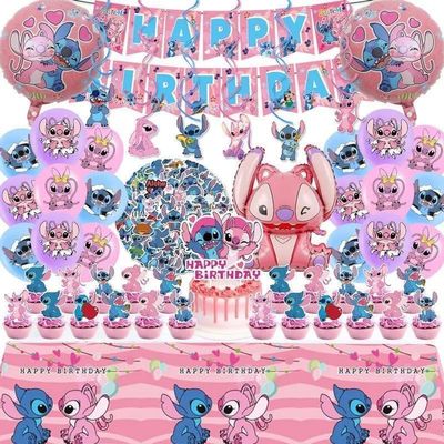 101PCS Stitch Party Supplies, Birthday Decorations Set Include Banner, Balloons, Stickers, Hanging Swirls, Cake Cupcake Toppers, Tablecloth for Girls Pink Stitch Theme Party