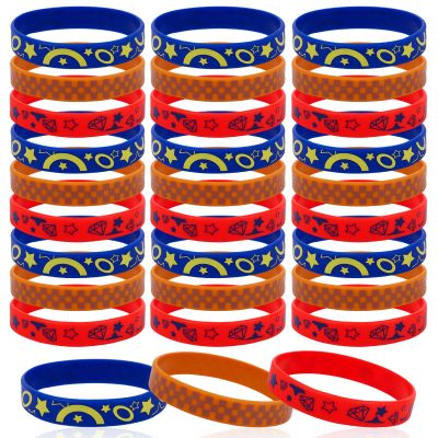 30pcs Blue Ring Silicone Bracelets, Blue with Gold Ring Print Game Theme Bracelets Cartoon Wristbands for Game Theme Birthday Party Decorations (3 Styles)