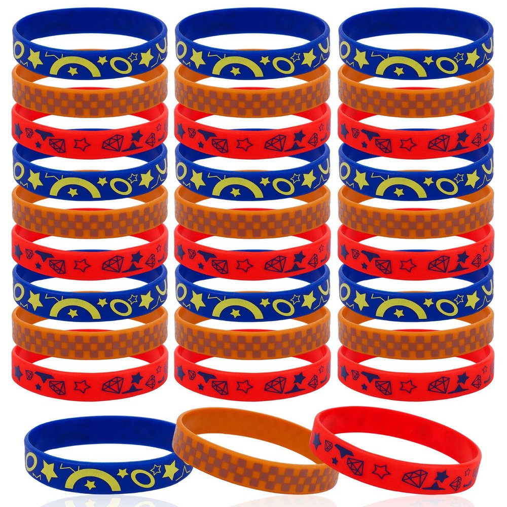 30pcs Blue Ring Silicone Bracelets, Blue with Gold Ring Print Game Theme Bracelets Cartoon Wristbands for Game Theme Birthday Party Decorations (3 Styles)