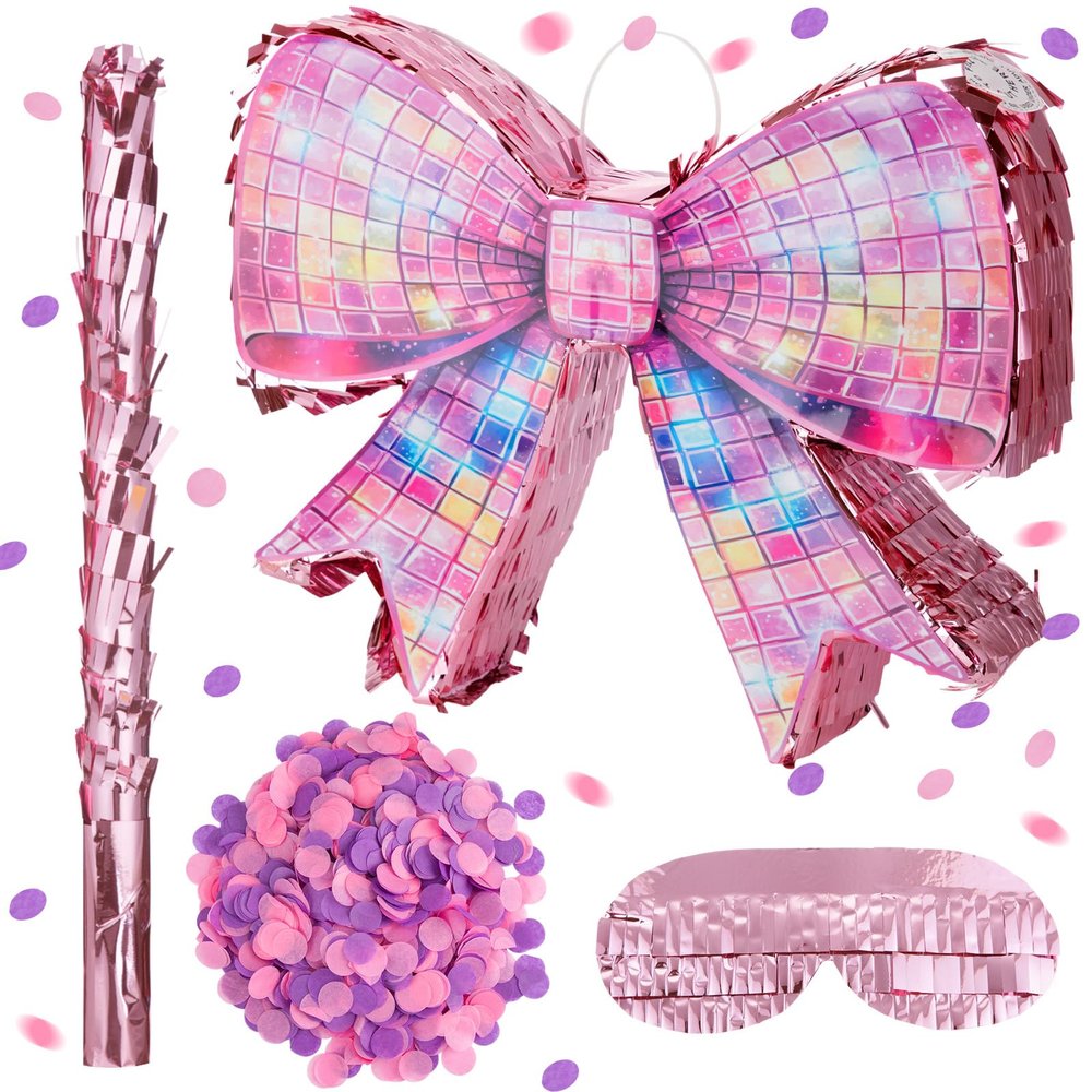 Arrowbash Disco Pink Bow Piata Set 15 Inch Shiny Bow Piata with Bat Blindfold and Confetti for Birthday Wedding Decoration Gentiles Holiday Coquette Party Supplies