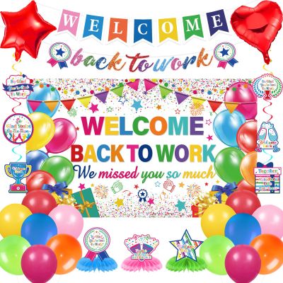 27pcs Welcome Back to Work Decorations Office Colorful Welcome Back to Work Banner Balloons We Missed You So Much Backdrop Hanging Swirls Table Centerpieces Foil Balloons for Back to Work Office