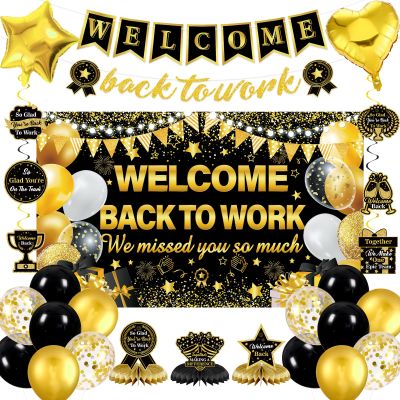 27pcs Welcome Back to Work Decorations Office Black Gold Welcome Back to Work Banner Balloons We Missed You So Much Backdrop Hanging Swirls Table Centerpieces Foil Balloons for Back to Work Office