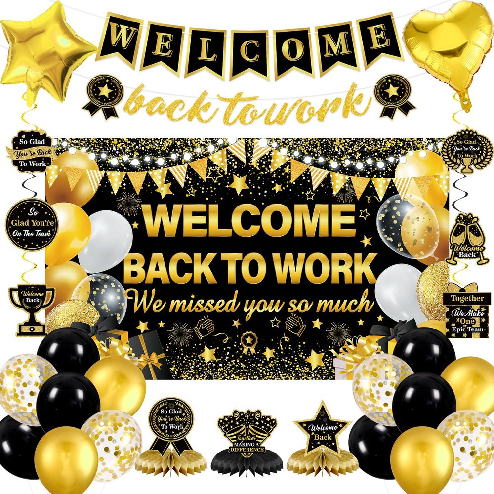 27pcs Welcome Back to Work Decorations Office Black Gold Welcome Back to Work Banner Balloons We Missed You So Much Backdrop Hanging Swirls Table Centerpieces Foil Balloons for Back to Work Office