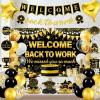 27pcs Welcome Back to Work Decorations Office Black Gold Welcome Back to Work Banner Balloons We Missed You So Much Backdrop Hanging Swirls Table Centerpieces Foil Balloons for Back to Work Office view 3