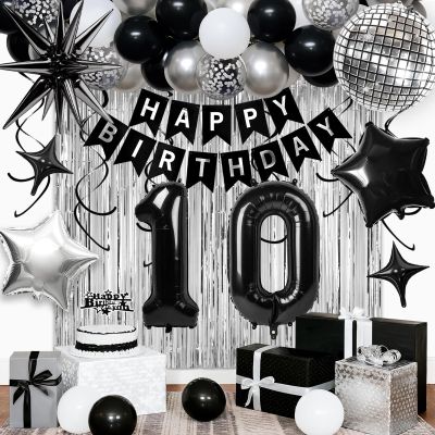 10th Birthday Decorations for Boys Girls, Black Silver Happy Birthday Party Decorations 10 Year Old Party Supplies with Number 10 Balloons, Banner, Fringe Curtains Kit