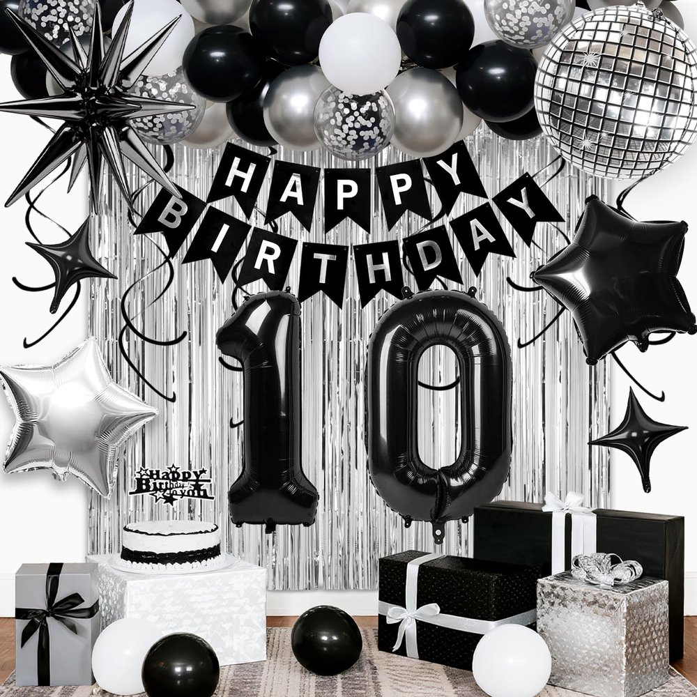 10th Birthday Decorations for Boys Girls, Black Silver Happy Birthday Party Decorations 10 Year Old Party Supplies with Number 10 Balloons, Banner, Fringe Curtains Kit
