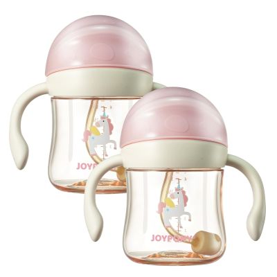 Joypony Baby Sippy Cups 6-12 Months, Spill Proof Weighted Straw Cup with Handle for Toddlers 1-3, 2 Pack, Total 4 Silicone Straws, PPSU, BPA Free, 6 oz (Pink)