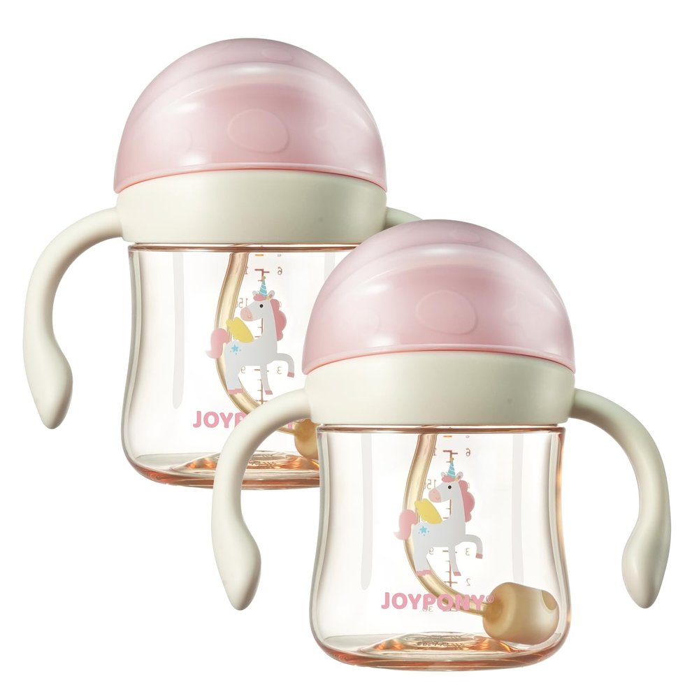 Joypony Baby Sippy Cups 6-12 Months, Spill Proof Weighted Straw Cup with Handle for Toddlers 1-3, 2 Pack, Total 4 Silicone Straws, PPSU, BPA Free, 6 oz (Pink)