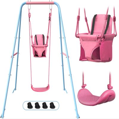 2-in-1 Toddler Swing Set with Foldable Stand, Baby Swingset with 2 Types of Anchors for Indoor & Outdoor, 1 Belt & 1 Soft Swing Seat with Safety Harness & Height Adjuster for 6 Months and Older Kids