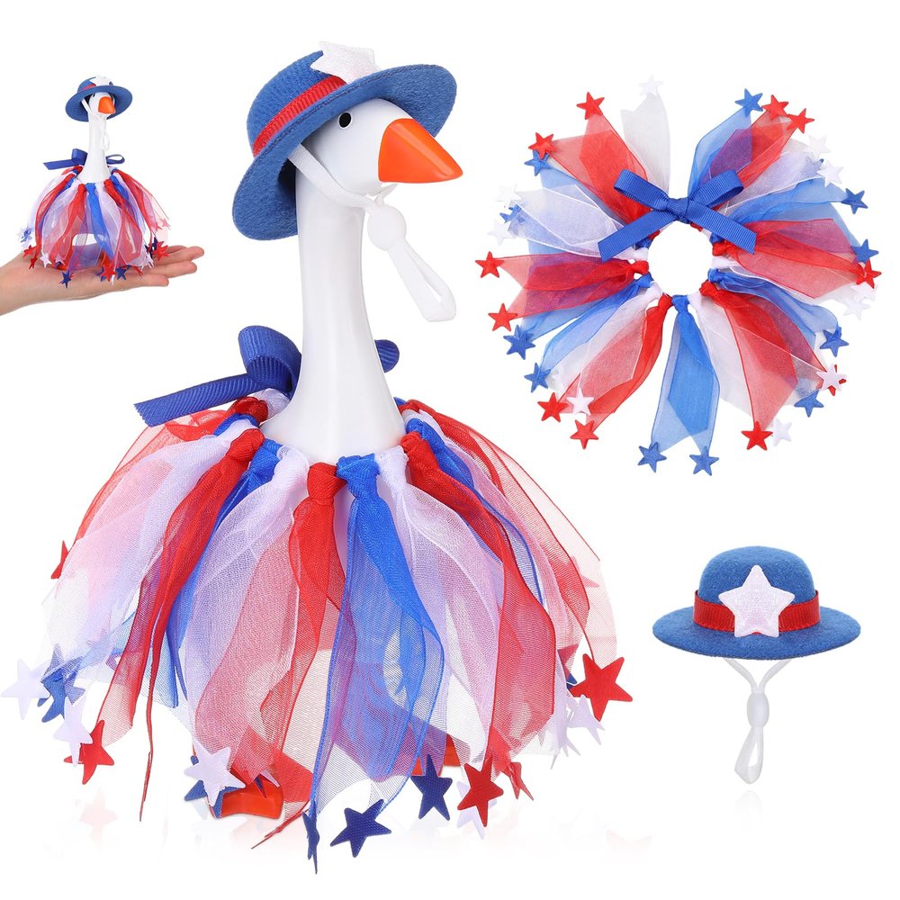 Sunnymove 1 Set 4th of July 7 Inch Mini Desk Goose Small Goose Outfits with Mini Hat and Tutu Collar Skirt Magnetic Silly Geese Keychain Holiday Costume for Magnetic Duck Statue Desk Key Holder