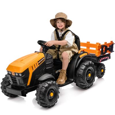 Hikiddo Licensed JCB 24V Kids Tractor Ride on Car, 24 Volt Ride on Toy for Big Kids with Trailer, Remote Control, 2x200W Motors - Yellow