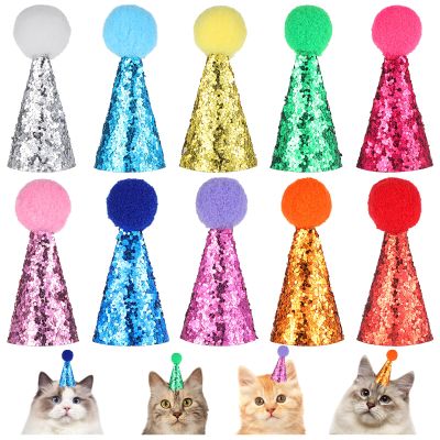 10PCS Small Party Hats for Stuffed Animals, Mini Birthday Hats for Stuffed Animals, Dogs, Cats, Adjustable Tiny Hat with Pom Poms, Holiday Birthday Costume Accessories