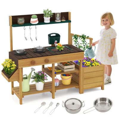 Costzon Mud Kitchen, Wooden Kids Potting Bench w/Removable Faucet, Sink, Stoves, Rotation Knobs, Planter Boxes, Trellis & Cooking Accessories, Mud Kitchen for Kids Outdoor 3-8 (Brown)