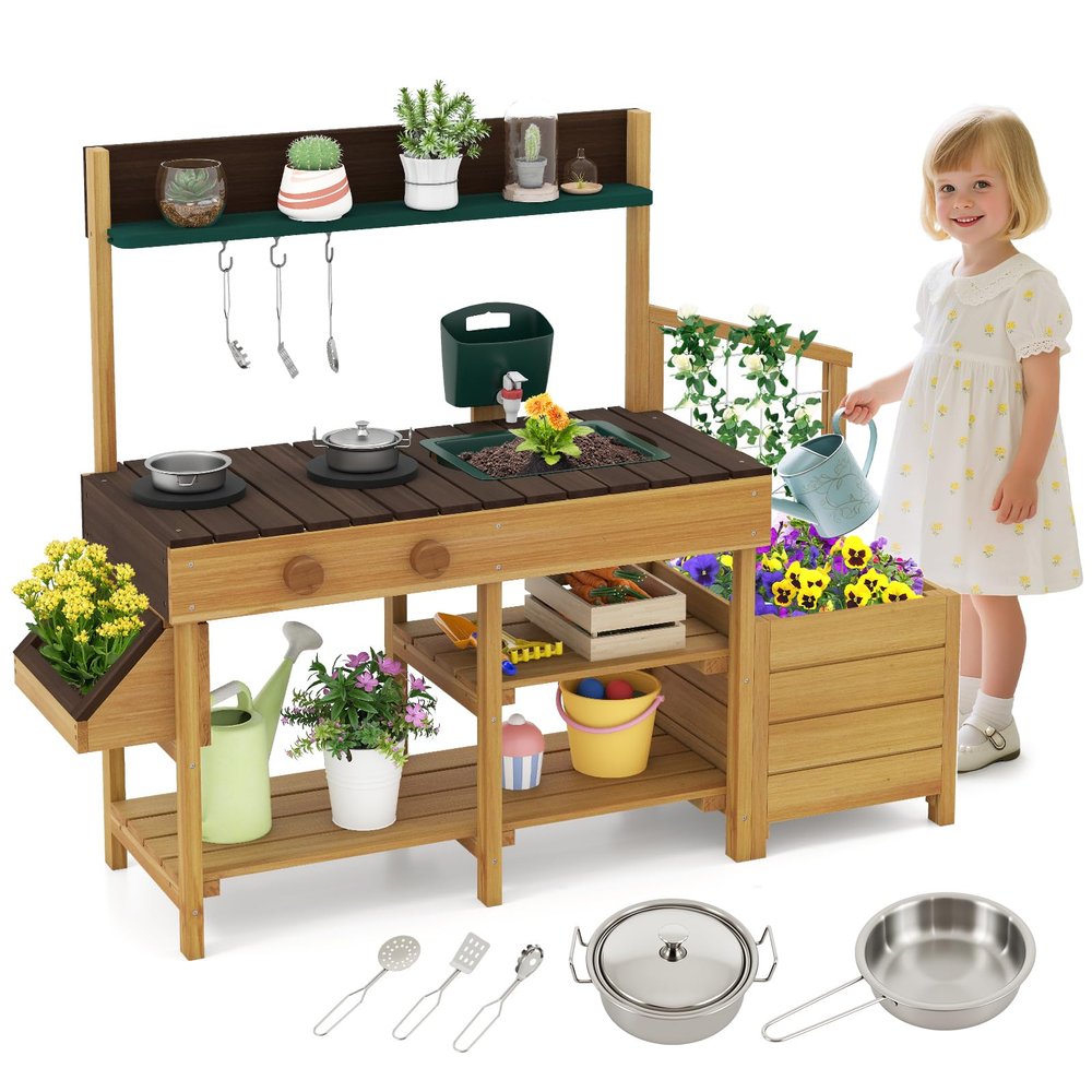 Costzon Mud Kitchen, Wooden Kids Potting Bench w/Removable Faucet, Sink, Stoves, Rotation Knobs, Planter Boxes, Trellis & Cooking Accessories, Mud Kitchen for Kids Outdoor 3-8 (Brown)