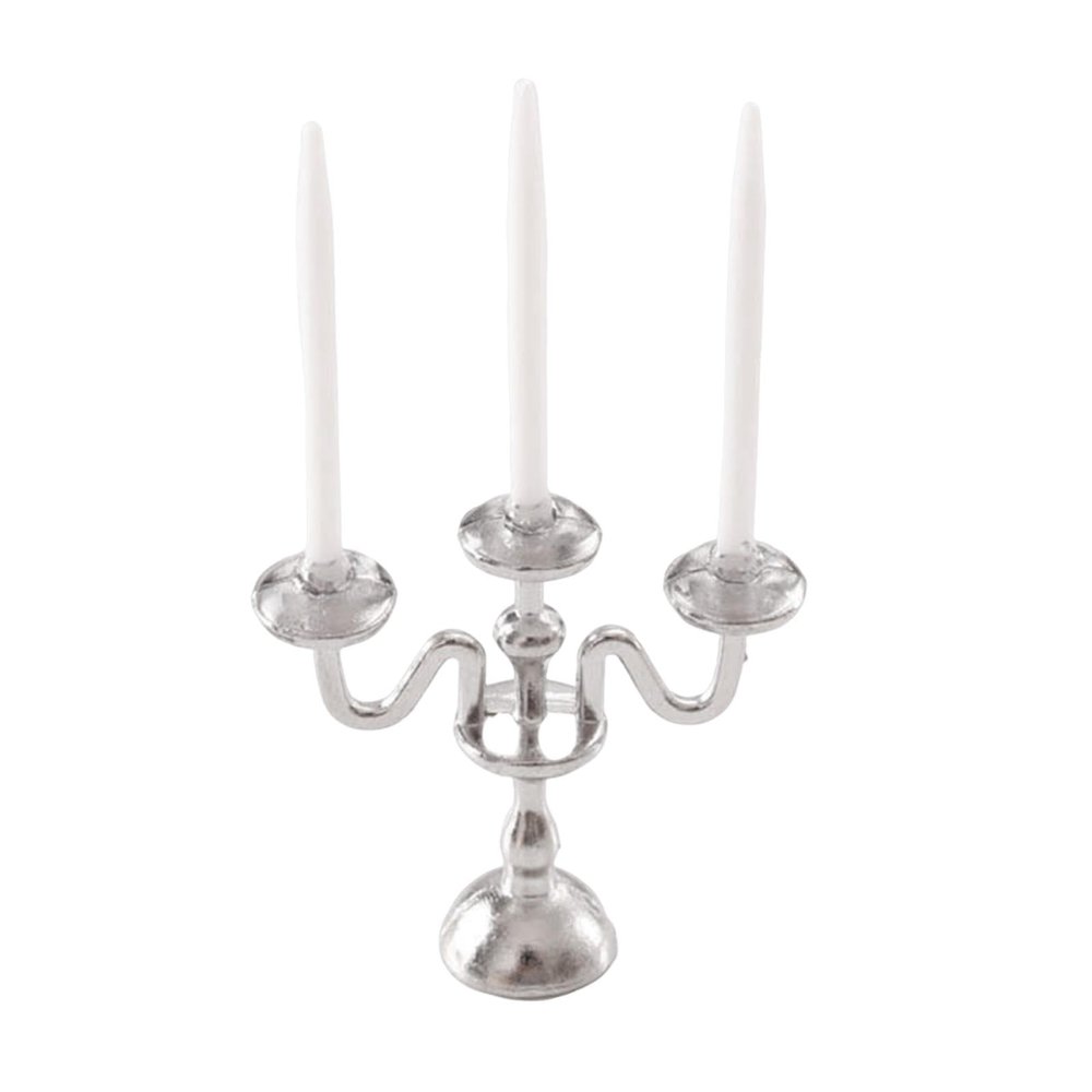 1/12 Scale Miniature Dollhouse Candle Holder for Table Centerpiece, Silver and White