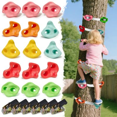 15 PCS Large Ninja Rock Climbing Holds for Kids,Tree Climbing Rock Wall Grips,Adult Rock Wall Holds Rock Wall Climbing Kit with 6 Ratchet Straps for Indoor Outdoor Climbing Wall HoldsPastel Color
