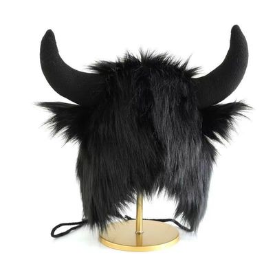 ALEDLE-LIFE Furry Buffalo Winter Hat with Horns Thermal Winter Earflap Beanie Cap Fizzy EarflapTrapper Hat Halloween Party Animal Cosplay (Black)