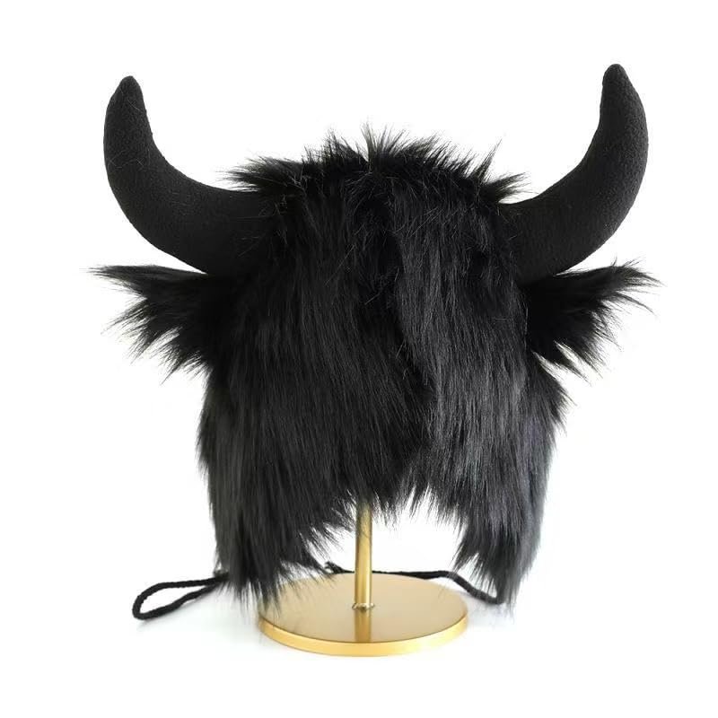 ALEDLE-LIFE Furry Buffalo Winter Hat with Horns Thermal Winter Earflap Beanie Cap Fizzy EarflapTrapper Hat Halloween Party Animal Cosplay (Black)