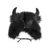 ALEDLE-LIFE Furry Buffalo Winter Hat with Horns Thermal Winter Earflap Beanie Cap Fizzy EarflapTrapper Hat Halloween Party Animal Cosplay (Black) view 3