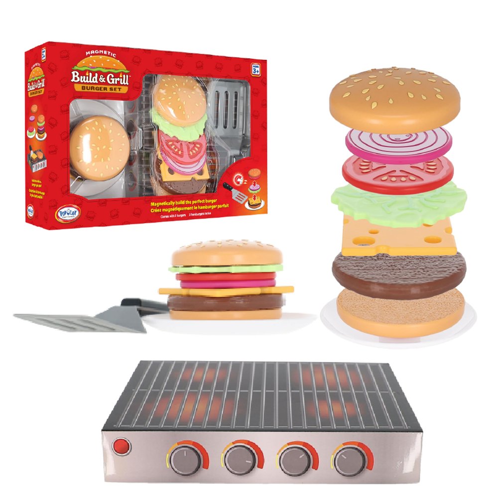 Popular Playthings Magnetic Build & Grill Hamburger Set, Educational Pretend Play Food Toy, Gifts for Toddlers Ages 3 & Up - Includes Grill 16 Pieces