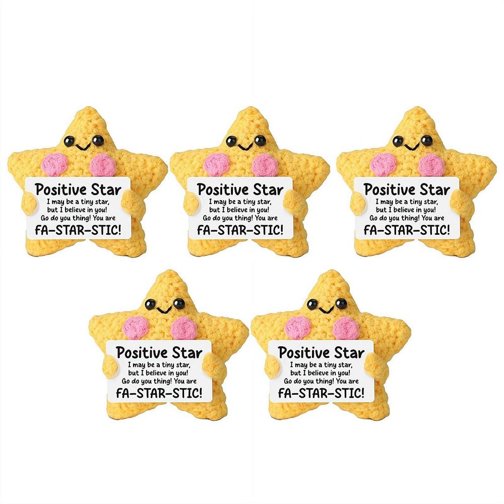 5PCS Crochet Positive Star Plush - Knitted Doll with Positive Card, Handmade Emotional Comfort Support Star Doll for Best Friend, Daughter, Son - Cheer Up & Thinking of You Gift