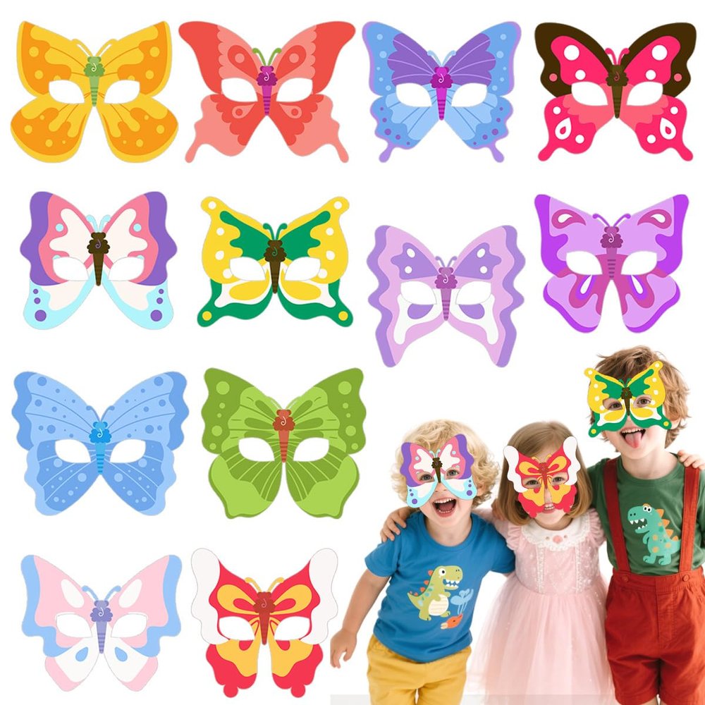 12 Pcs Spring Butterfly Paper Masks For Kids Spring Time Butterfly Theme Dress-Up Party Birthday Accessory Favor Supplies
