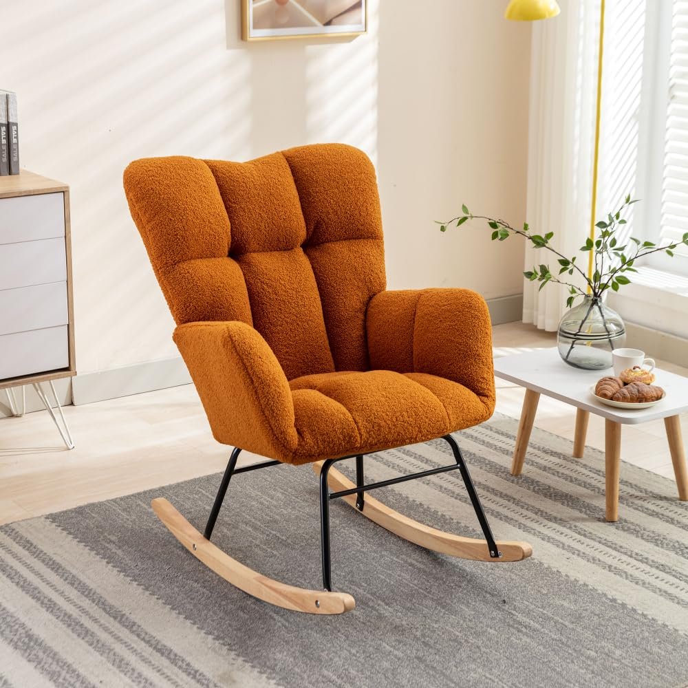 050-Teddy Fabric Rocking Gilder Nursery Chair for Living Room Indoor,Black (Caramel)