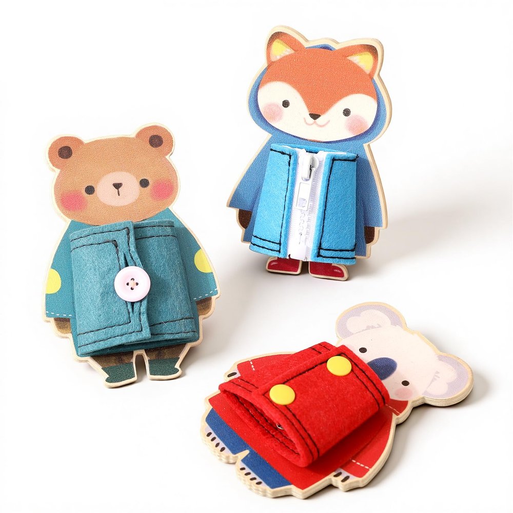Wooden Dressing Skills Toys for Toddlers, Montessori Fine Motor Set with Zipper, Snap & Button Practice, 3 Animal Boards (Bear/Fox/Koala), Quiet Travel Toy for Preschool, Ages 2+