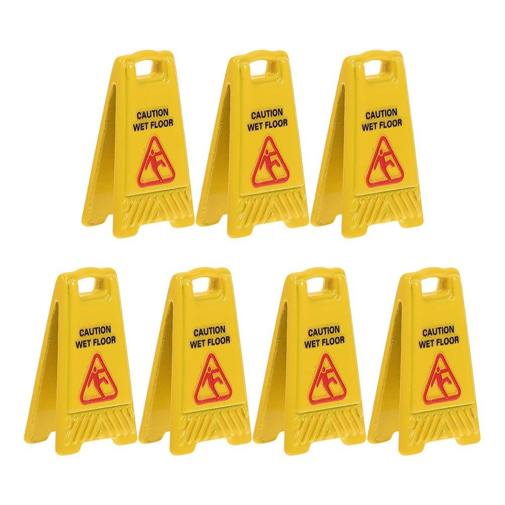 Abaodam 7pcs Miniature Warning Sign Mini Floor Caution Sign Yellow Alloy Notice Dollhouse Fairy Garden Decoration Accessories