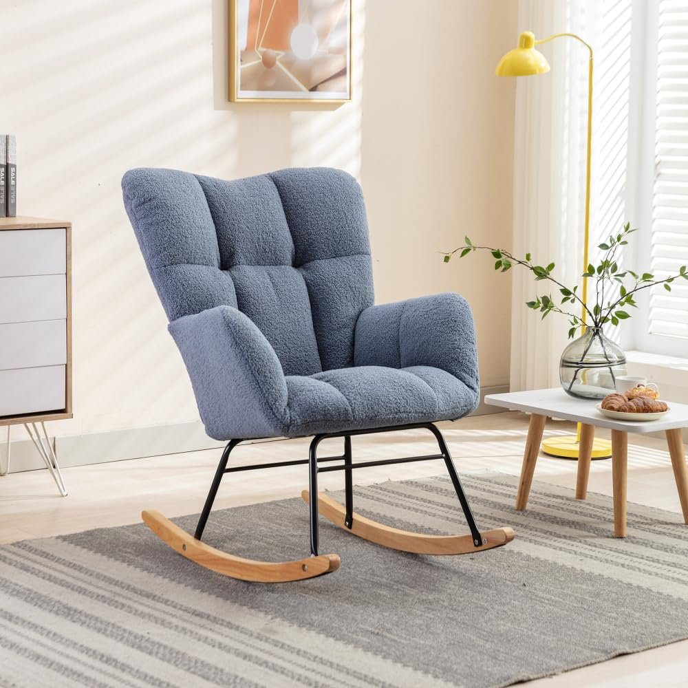 050-Teddy Fabric Rocking Gilder Nursery Chair for Living Room Indoor,Black (Light Blue)