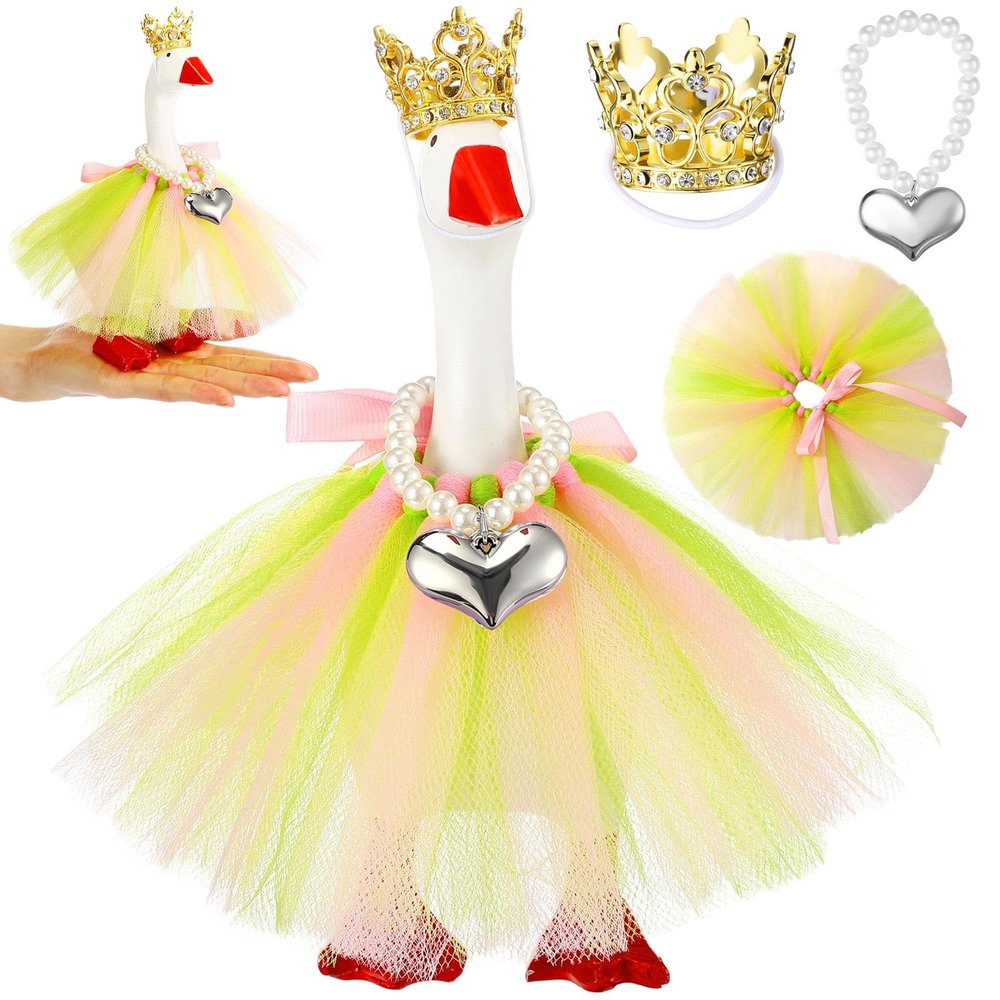 Sunnymove 7 Inch Winter Mini Desk Goose Outfits with Crystal Rhinestone Tiara Crown Necklace Tutu Dress Magnetic Goose Key Holder Princess Customs for Statue Duck Key Holder(Green)